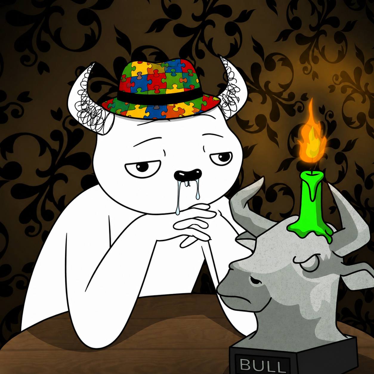Bulltism looking at a bull statue with a candle