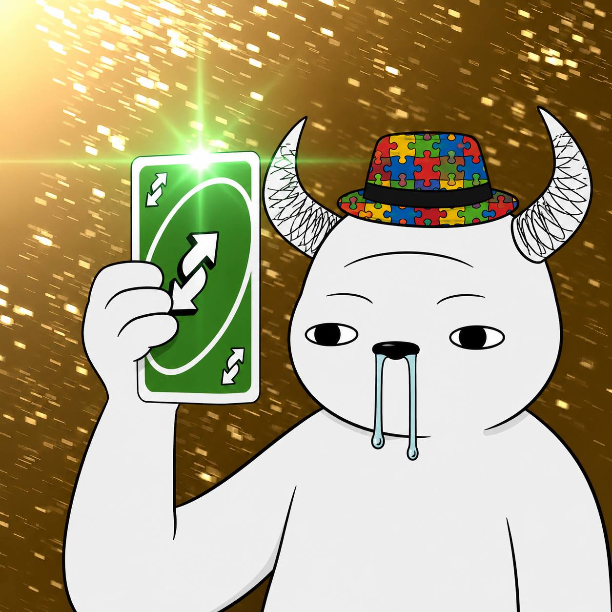 Bulltism holding a glowing green card