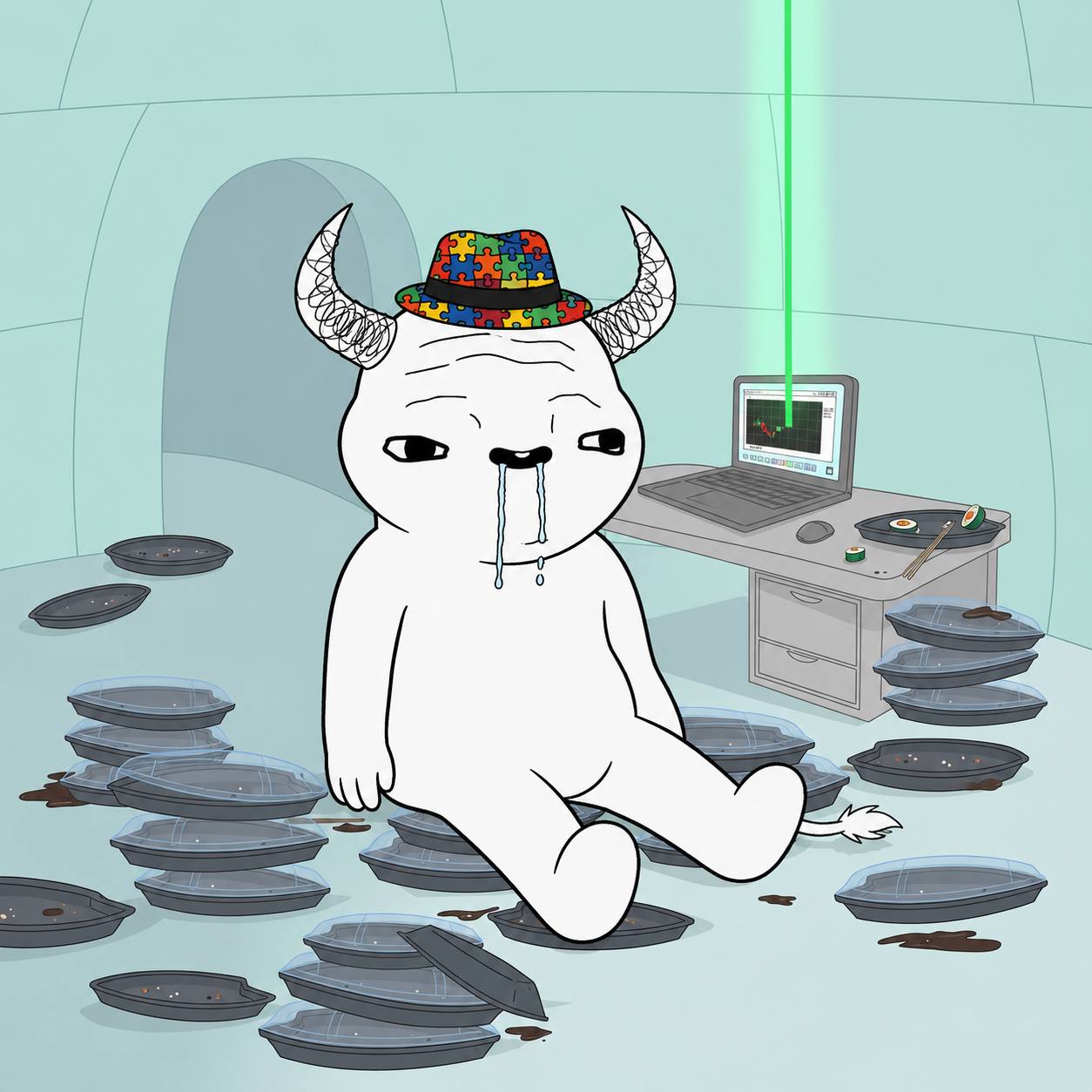 Bulltism sitting in a trading room